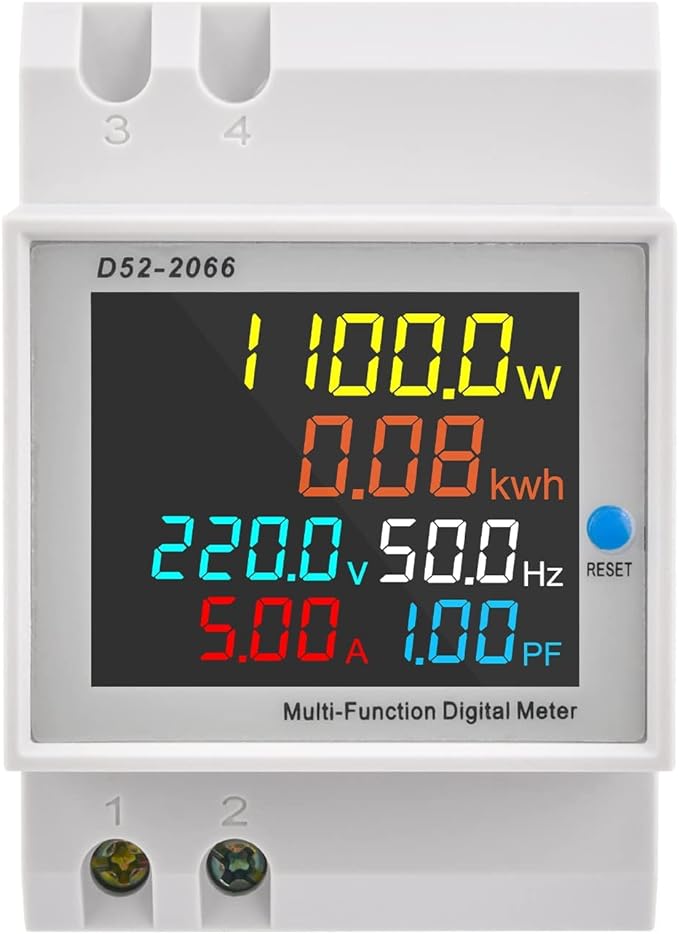 Medidor eléctrico 6 en 1 carril din. Tensión, Intensidad, Frecuencia, Potencia, Factor de Potencia y Consumo.